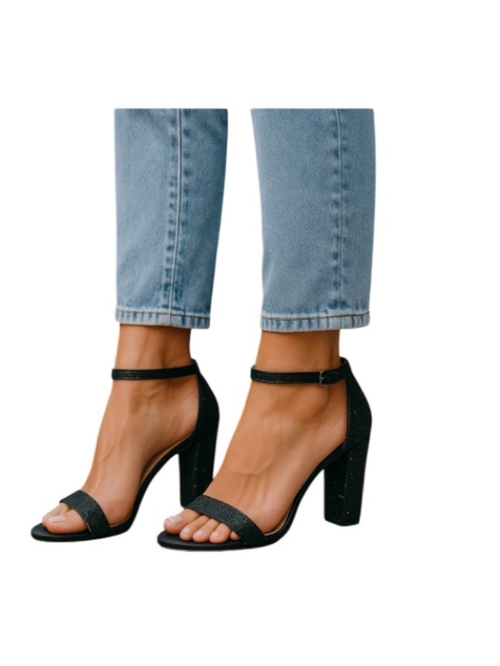 Le Chateau Jewel Studded Elegant Black Heels Open Toe Ankle Strap 39 EU